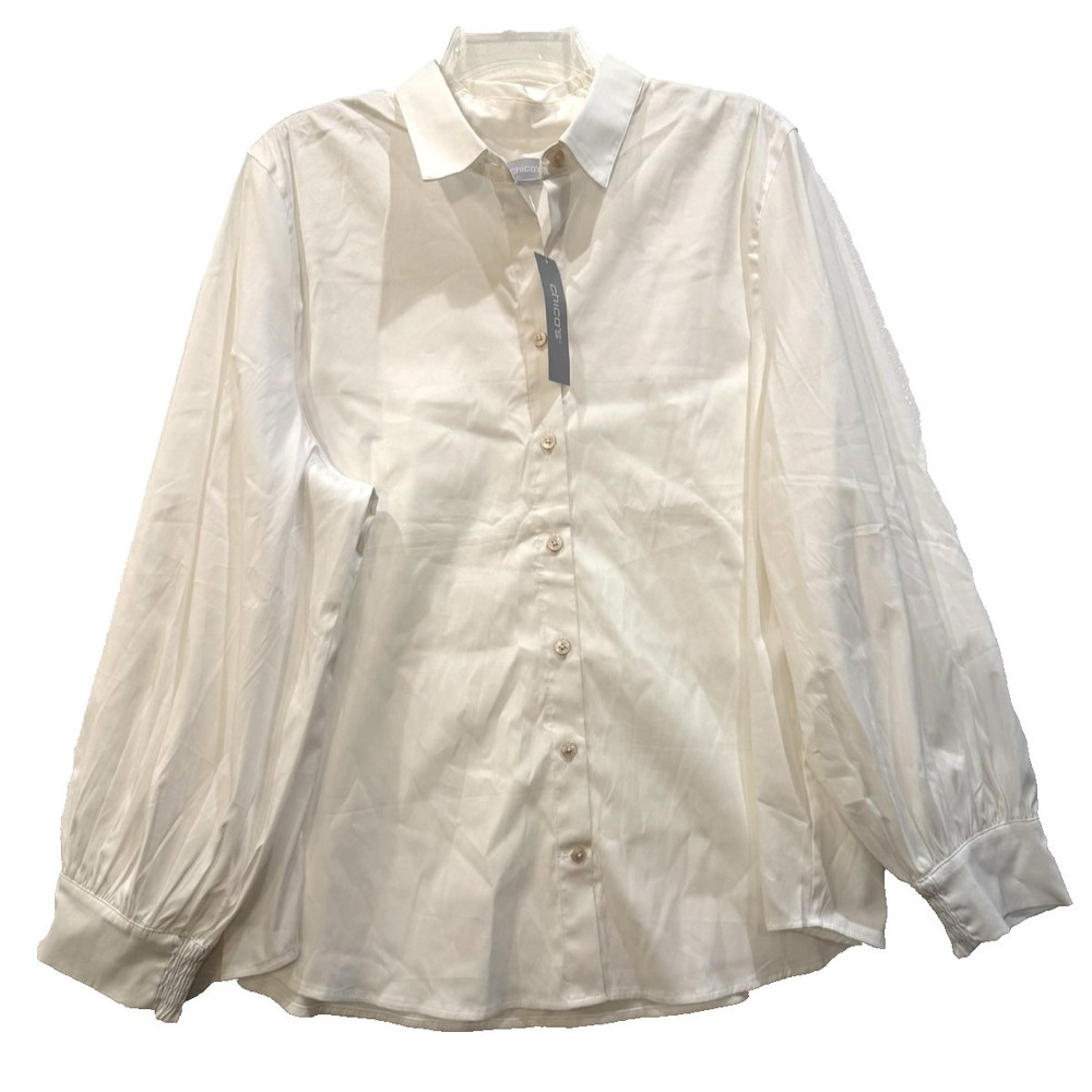 NWT‎ Chico's White Billow Sleeve Smocked Cuffs Poplin Top Blouse Size 4 / 20